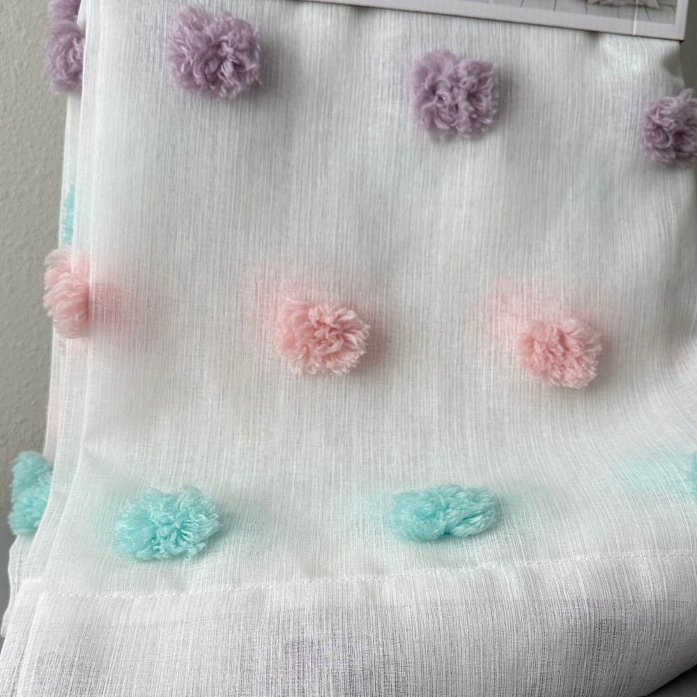 DKNY White Sheer Curtain Panels with Pastel Pom Accents